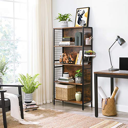 Bookcase, Office Storage Shelf, 4 Tiers for Books, Decorations, Stable Steel Frame, S-Shaped Hooks for Hanging, Living Room, Studio, Bedroom, Rustic Brown and Black