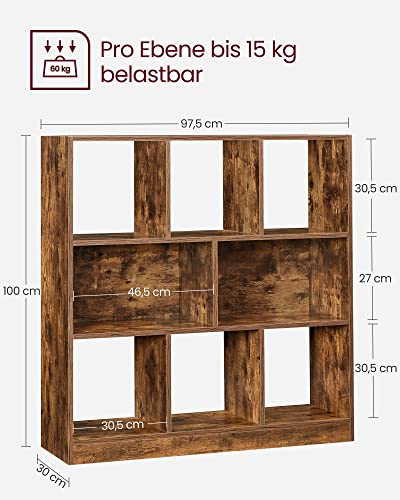 Bookshelf, Wooden Bookcase with Open Cubbies, Free Standing Storage Unit for Living Room, Bedroom, Children’s Room, 97.5 x 30 x 100 cm, Rustic Brown