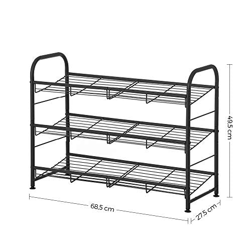 3-Tier Shoe Rack, Stackable Shoe Storage Organiser, Hold up to 12 Pairs, Steel, 68.5 x 27.5 x 49.5 cm, for High Heels, Trainers, Slippers, in the Entryway, Black