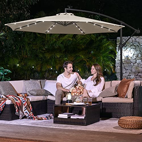 Cantilever Garden Patio Parasol with Solar-Powered LED Lights, 3 m Offset Parasol with Base, UPF 50+ Banana Hanging Umbrella, Crank for Opening Closing, Beige