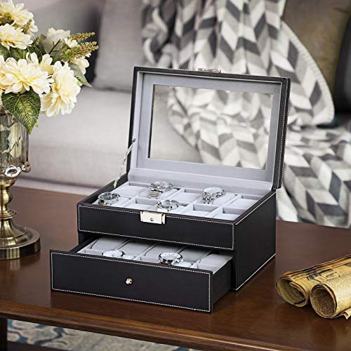 Watch Box with 20 Slots, Large Watch Storage Display Case with Glass Lid, PU Cover, Velvet Lining, Great Gift for Loved Ones, Black