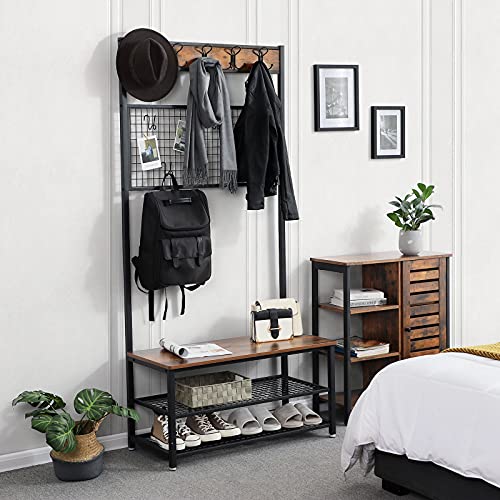 Coat Rack Stand, Industrial Shoe Rack and Bench with Grid Memo Board, 9 Hooks, and Storage Shelves, Hall Tree with Stable Metal Frame, Rustic Brown