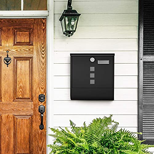 Mailbox, Wall-Mounted Post Letter Box, Capped Lock with Copper Core, Newspaper Holder, Viewing Windows, and Nameplate, Easy to Install, Black