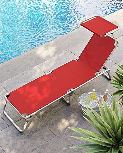 Sun Lounger, Sunbed, Reclining Sun Chair with Sunshade, Adjustable Backrest, Foldable, Lightweight, 55 x 193 x 31 cm, Load Capacity 150 kg, for Garden, Patio, Red