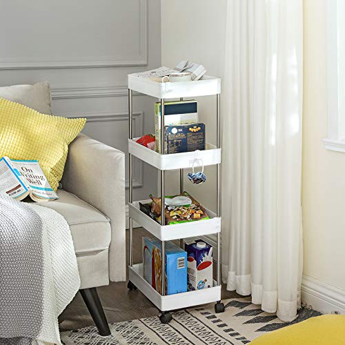 4-Tier Storage Trolley, Rolling Cart with Wheels, Space-Saving Kitchen Trolley in Office Bathroom, 40 x 22 x 86 cm, White