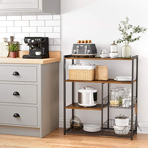 Baker’s Rack, Kitchen Island with 2 Metal Mesh Baskets, Shelves and Hooks, 80 x 35 x 95 cm, Industrial Style, Rustic Brown