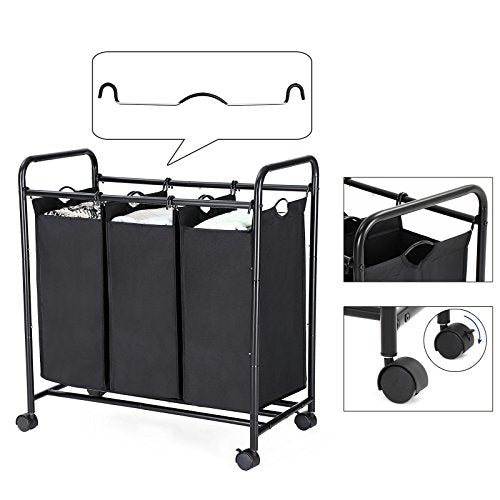 Rolling Laundry Sorter, Laundry Basket with 3 Removable Bags, Laundry Trolley, Toy Organiser on Wheels, Sturdy, 3 x 44L, Black