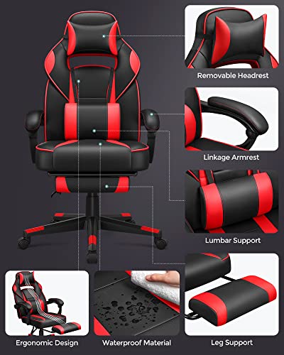 Racing Gaming Chair, Adjustable Office Chair with Footrest, Ergonomic Design, Tilt Mechanism, Headrest, Lumbar Support, 150 kg Weight Capacity, Black and Red