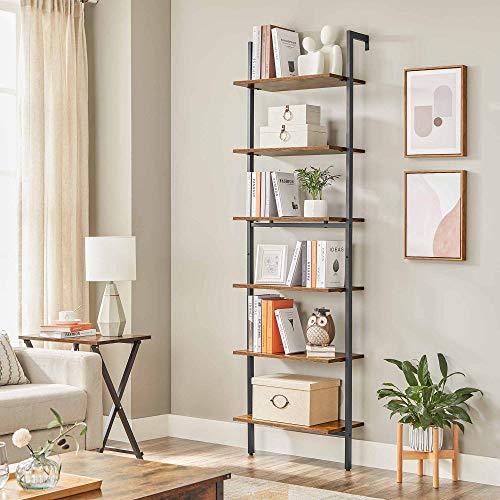 Ladder Shelf, 6-Tier Bookshelf, Wall Shelf for Living Room, Office, Kitchen, Bedroom, 60 x 30 x 204.8 cm, Industrial, Rustic Brown and Black