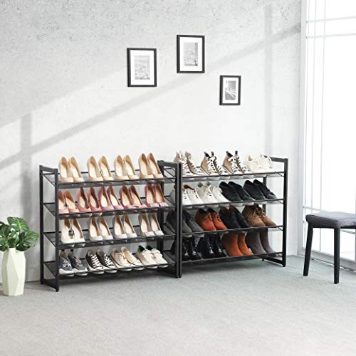 8-Tier Shoe Rack, Set of 2 Stackable 4-Tier Shoe Organiser, Metal Shoe Storage with Adjustable Mesh Shelves, Flat or Angled, Mountable, Black