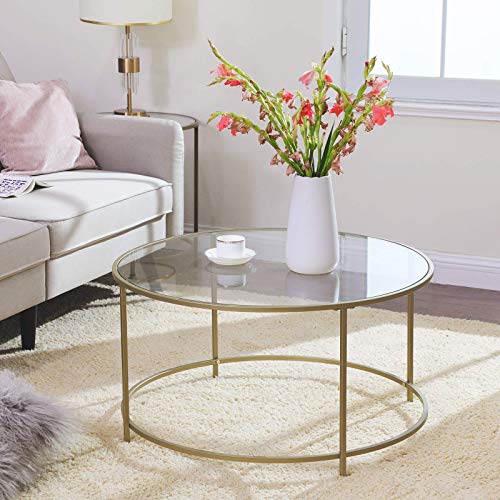 Round Coffee Table, Glass Table with Steel Frame, Living Room Table, Sofa Table, Tempered Glass, Gold