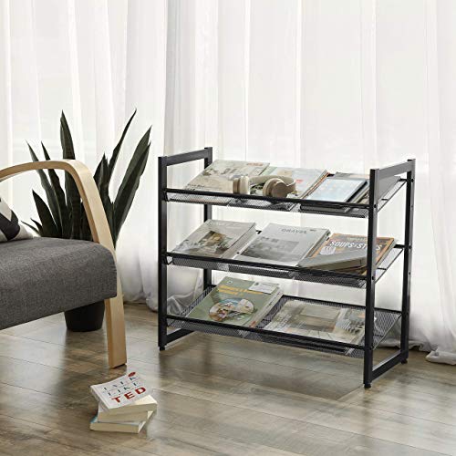 3-Tier Shoe Rack Storage, Steel Mesh, Flat or Angled Stackable Shoe Shelf Stand for 9 to 12 Pairs of Shoes, Black