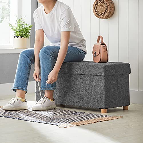 Storage Ottoman, Padded Foldable Bench, Chest with Lid, Solid Wood Feet, Space-Saving, 65L Capacity, Holds up to 300 kg, for Bedroom, Hallway, Children’s Room, Dark Grey