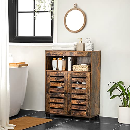 Bathroom Cabinet, Storage Cupboard, Rustic Chic Style, 60 x 30 x 80 cm, with Louvred Doors, Open Compartments, Adjustable Shelf, Rustic Brown