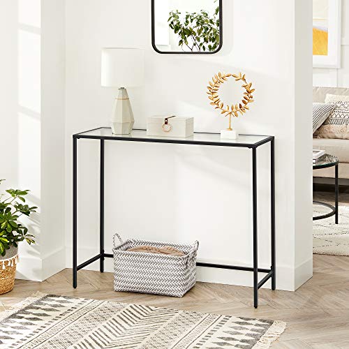 Console Table, Tempered Glass Table, Modern Sofa or Entryway Table, Metal Frame, Adjustable Feet, for Living Room, Hallway, Black