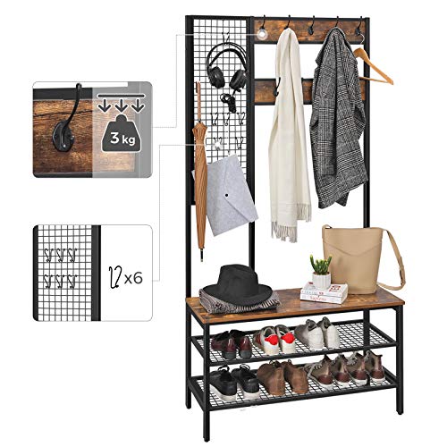 Coat Rack, Coat Stand with Grid Wall, Shoe Rack, Hall Tree, 2 Mesh Shelves, Hooks, 185 cm Tall, Lots of Storage Space, Easy to Assemble, Industrial Style, Rustic Brown