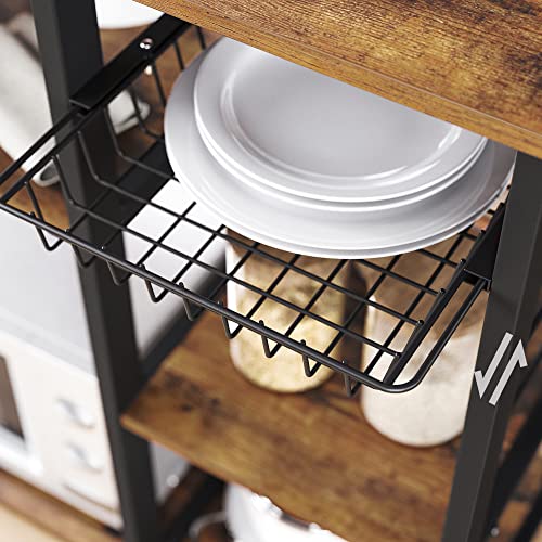 Baker's Rack, Kitchen Shelf with Steel Frame, Wire Basket and 6 Hooks, Multifunctional Storage for Mini Oven, Spices and Utensils, Industrial, Rustic Brown and Black