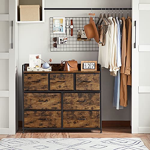 Fabric Chest of Drawers, Bedroom Storage Unit, Cabinet Dresser with 7 Drawers, with Metal Frame and Handles, Industrial, Rustic Brown and Black