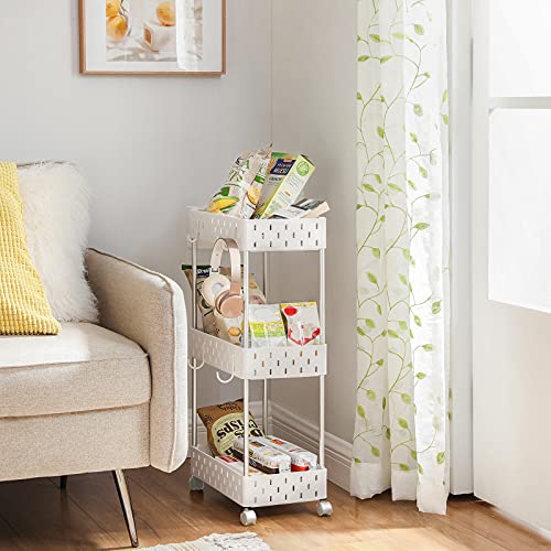 3-Tier Storage Trolley, Rolling Cart with Wheels, Bathroom Shelf with 6 Removable Hooks, 1 Tray, 1 Container, for Kitchen, Living Room, 38 x 22 x 72 cm, White