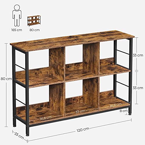 Bookshelf, Bookcase, Shelving Unit, TV Stand, Console Table, 6 Compartments, for Office, Living Room, Bedroom, 33 x 120 x 80 cm, Industrial Design, Rustic Brown and Black