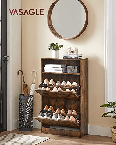 Shoe Cabinet with 2 Flaps, Shoe Rack with an Open Shelf, Melamine Veneer, Easy to Clean, 60 x 24 x 102 cm, Rustic Brown