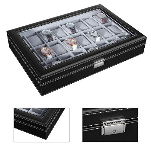 Watch Box, Lockable Watch Case, Watch Storage Box with 24 Slots, Glass Lid, Gift for Loved Ones, Black Synthetic Leather, Grey Lining