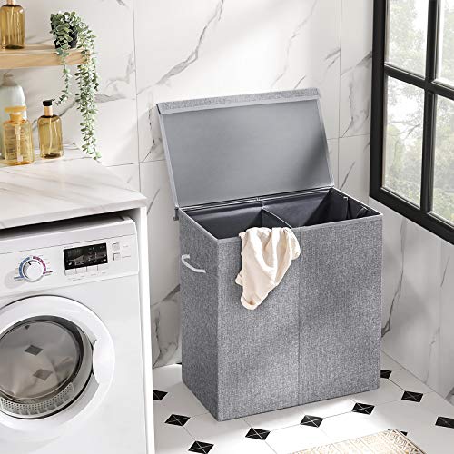 142L Laundry Hamper, Linenette Fabric Laundry Basket, Divided Clothes Hamper with Magnetic Lid and Handles, Foldable, Removable Liner Bag, Grey