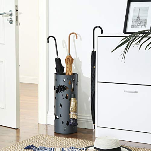 Metal Umbrella Stand, Umbrella Holder with Water Tray and Hooks, 19.5 x 49 cm (Dia. x H), Round, Matte Anthracite Grey