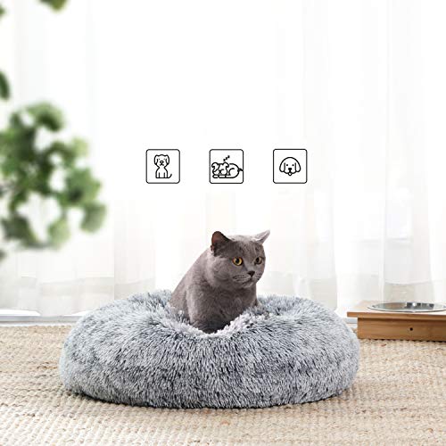 Dog Bed, Donut Cat Bed, Fluffy Calming Pet Bed with Removable, Washable Cover, Soft Long Plush, 50 cm, Grey