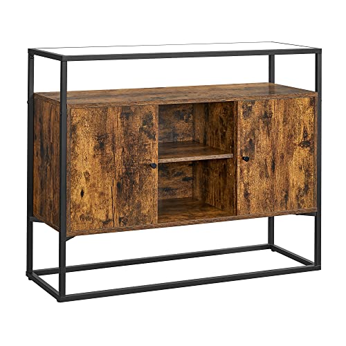 Sideboard, Side Cabinet, Storage Cabinet with Glass Surface and Open Compartments, Living Room, Hallway, Steel Frame, Tempered Glass, Industrial, Rustic Brown and Black