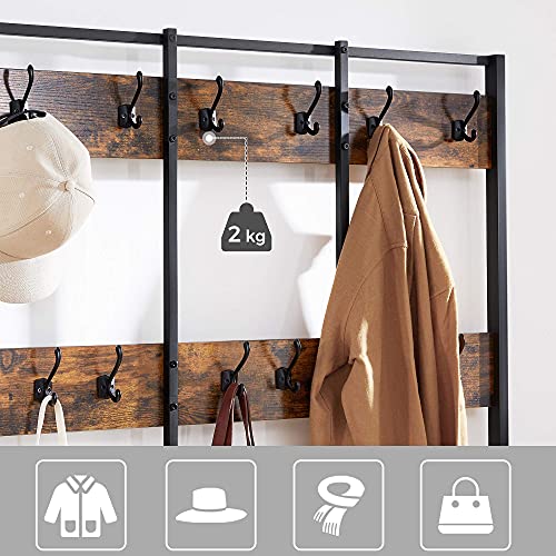 Large Coat Rack Stand, Coat Tree with 12 Hooks and Shoe Bench in Industrial Design, Hall Tree, Multifunctional Hallway Shelf, Office, Bedroom, Rustic Brown and Black