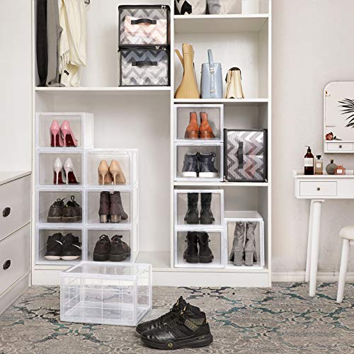 Shoe Box, Stackable Shoe Organiser, Plastic Shoe Storage with Clear Door, Easy to Assemble, Set of 6, 28 x 36 x 22 cm, Sizes up to UK 11, Transparent