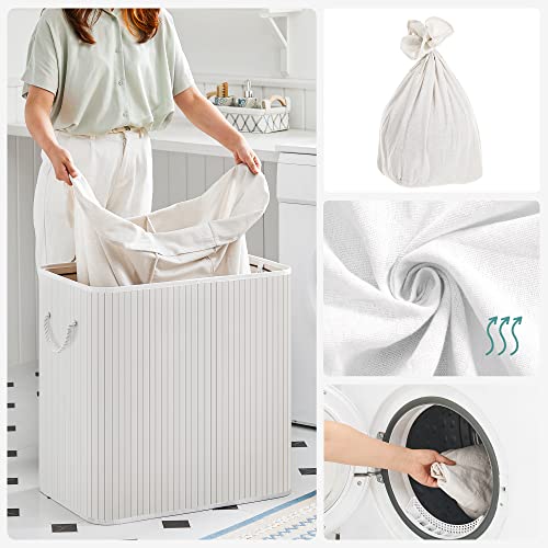 Laundry Hamper Basket with 3 Sections, Clip-on Lid and Handles, 150L Foldable, for Laundry Room, Bedroom, Bathroom, White