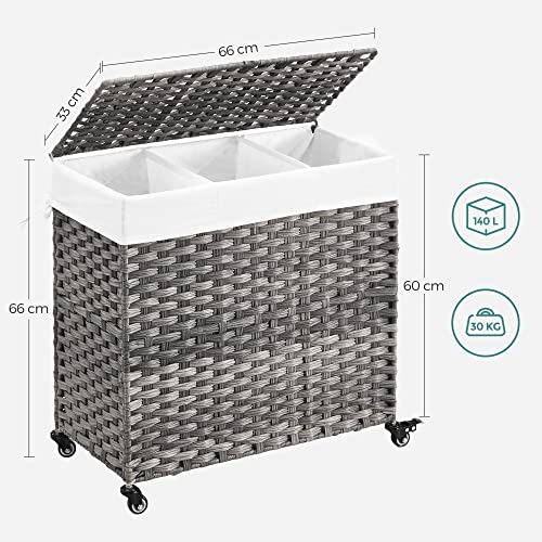 Laundry Basket, Handwoven Laundry Hamper, 140L Rattan-Style Washing Basket with 3 Compartments, Removable Liner, Handles, Lid, Living Room, Bathroom, 66 x 33 x 60 cm, Grey