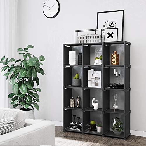 Cube Storage, 12-Cube Bookcase, DIY Closet Organiser, Storage Shelf in Living Room, Children’s Room, Bathroom, 105 x 30 x 140 cm, Includes Rubber Mallet, Black