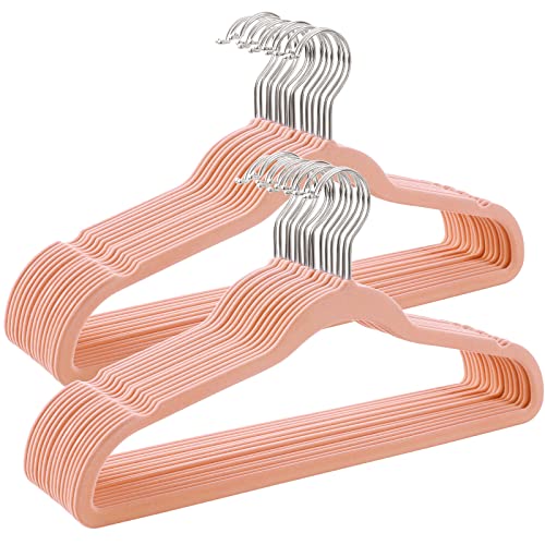 Set of 30 Velvet Hangers, 42 cm Long, Thin and Durable, High Load Capacity, with 360° Swivel Hooks, for Coats Shirts Suits, Pink , ABS Plastic, Metal, 43.5 x 0.6 x 22.5 cm