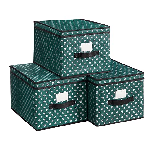 Storage Boxes with Lid, Set of 3, Folding Boxes with Labels for Christmas, Fabric Boxes with Snowflakes Pattern for Closet, 30 x 40 x 25 cm, Green