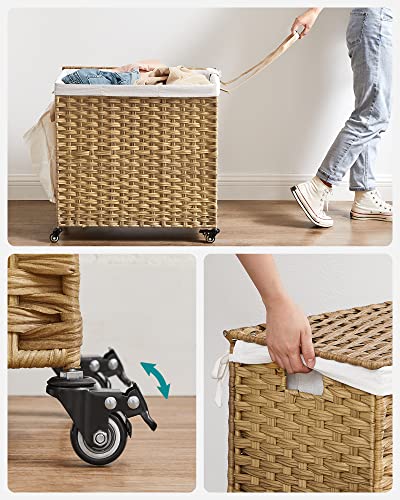 Laundry Basket, Handwoven Laundry Hamper, 140L Rattan-Style Washing Basket with 3 Compartments, Removable Liner, Handles, Lid, Living Room, Bathroom, 66 x 33 x 60 cm, Natural