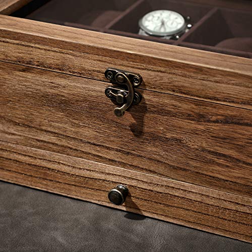 Watch Box with 8 Slots, 2-Tier Wood Watch Case with Large Glass Lid, Watch Pillows, Velvet Lining, Jewellery Box, Gift for Loved Ones, Rustic Walnut