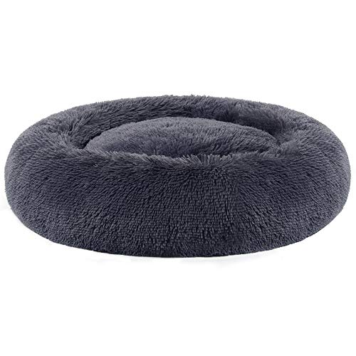 Dog Bed, Donut Cat Bed, Fluffy Calming Pet Bed with Removable, Washable Cover, Soft Long Plush, 80 cm, Dark Grey