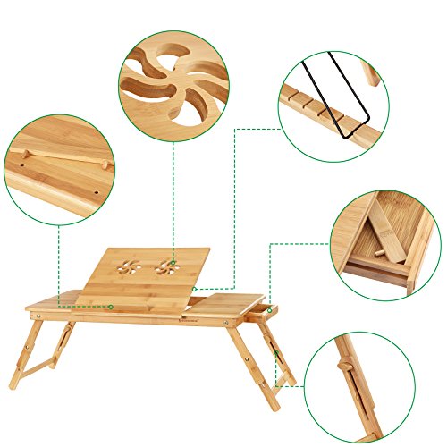 Bamboo Laptop Desk, Foldable Bed Table, for Left-hander, Right-hander, Height Adjustable Sofa Tray, 72 x (21-29) x 35 cm (B x H x T), with 5 Tilting Angles, Air Holes, Small Drawer