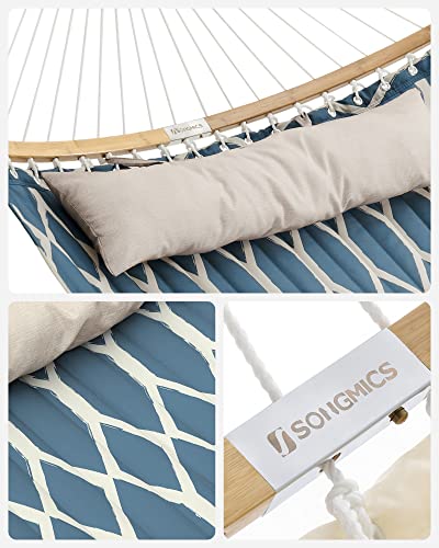 Hammock, Quilted Fabric Hammock with Detachable Curved Bamboo Spreaders, Pillow, 200 x 140 cm, Load Capacity 225 kg, Blue and Beige Rhombus