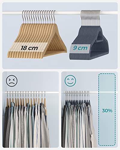 Velvet Hangers, Set of 20 Clothes Coat Hangers, Non-Slip, with Tie Bar and 360° Swivel Hook, Space-Saving, 0.6 cm Thick, 43.5 cm Long, for Dresses Trousers, Light Grey