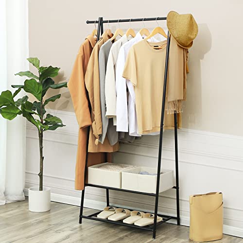 Coat Rack, Coat Stand, Clothes Rack with 2-Tier Storage Shelf for Shoes and Baskets, Metal Frame, Space-saving, Ideal for Bedroom, Entryway, Office and More, Black