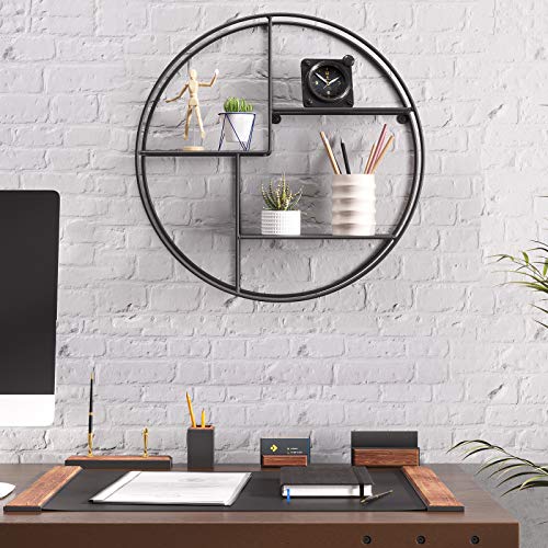 Industrial Metal Wall Shelf, Round Floating Shelf With 3 Metal Mesh Panels, With 2 Screws, 55 Dia. X 12 cm, for Living Room, Office, Kitchen, Decoration, Black