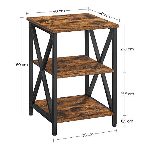 Side Table, End Table with X-Shape Steel Frame and 2 Storage Shelves, Night Table, Farmhouse Industrial Style, 40 x 40 x 60 cm, Rustic Brown and Black