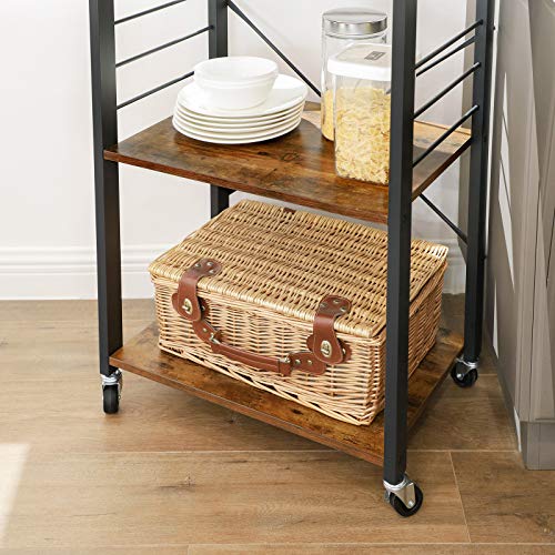 Kitchen Shelf on Wheels, Serving Trolley with 3 Shelves, Microwave Shelf, for Mini Oven, Toaster, Metal Frame with 6 Hooks, Industrial Design, Rustic Brown