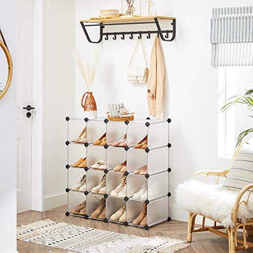 Interlocking Shoe Rack, Rectangular Storage Organiser, 15-Slot Modular DIY Storage Shelf Unit, Metal Wire Wardrobe, White