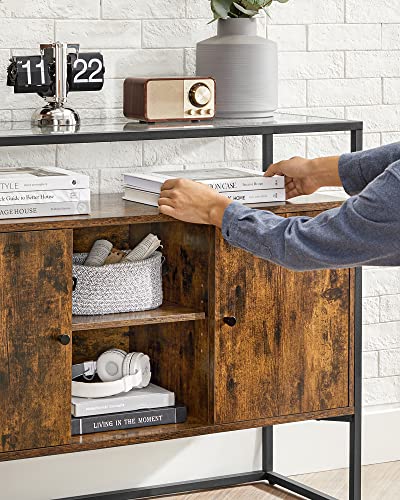 Sideboard, Side Cabinet, Storage Cabinet with Glass Surface and Open Compartments, Living Room, Hallway, Steel Frame, Tempered Glass, Industrial, Rustic Brown and Black