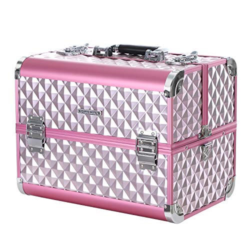 Silver Pink Cosmetic Case, with Diamond Pattern, for Makeup Artist, Large Travel Storage, for Jewellery Nail and Hair Accessories
